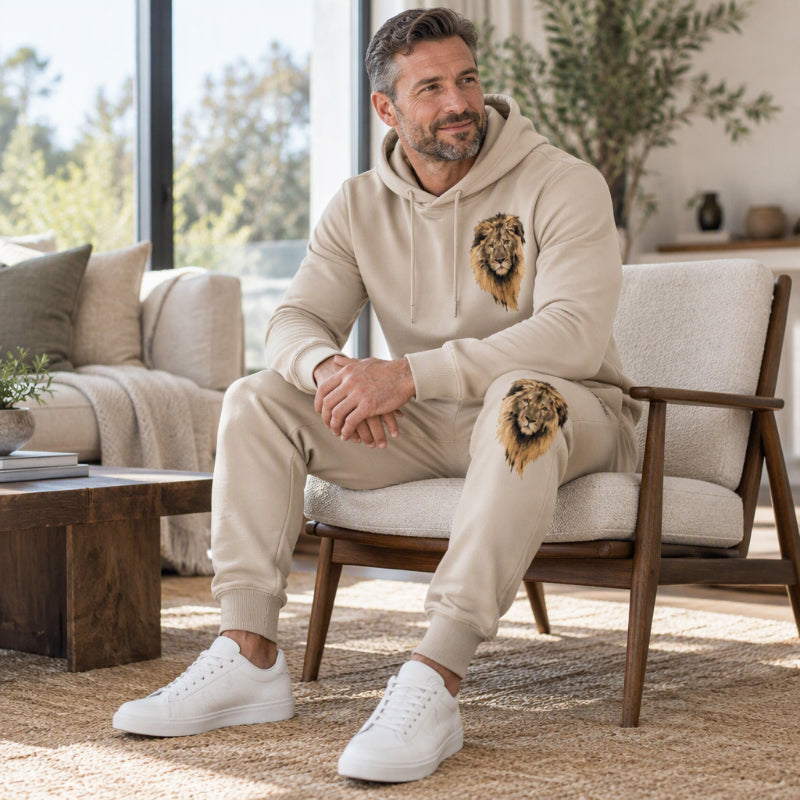 Herren Kapuzenpullover mit Löwenmotiv & Sweathose Set