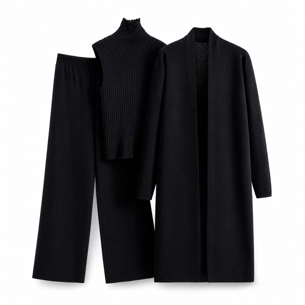 Lockeres 3-teiliges Strickset für Damen für Herbst und Winter: Weste ohne Ärmel, Strickjacke und Hosen-Outfit