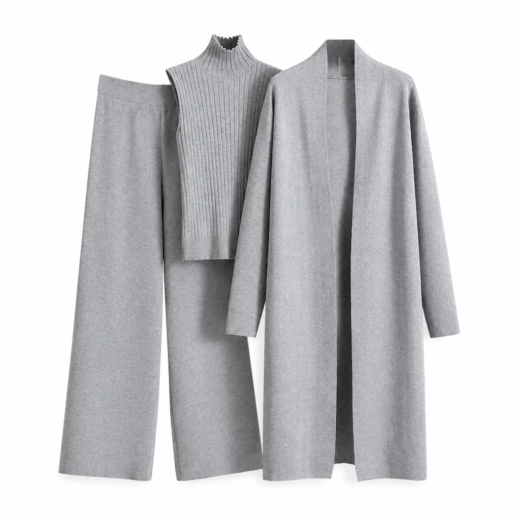 Lockeres 3-teiliges Strickset für Damen für Herbst und Winter: Weste ohne Ärmel, Strickjacke und Hosen-Outfit