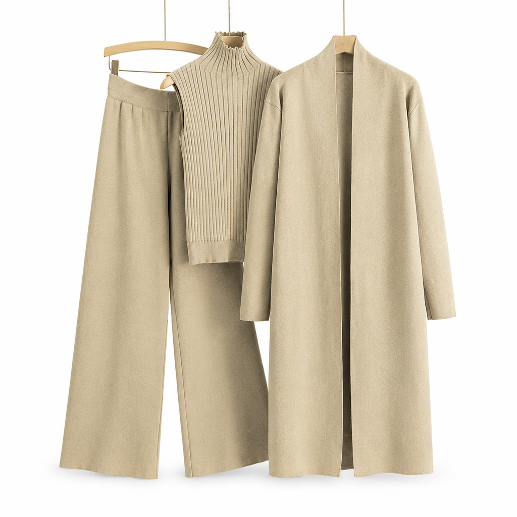 Lockeres 3-teiliges Strickset für Damen für Herbst und Winter: Weste ohne Ärmel, Strickjacke und Hosen-Outfit