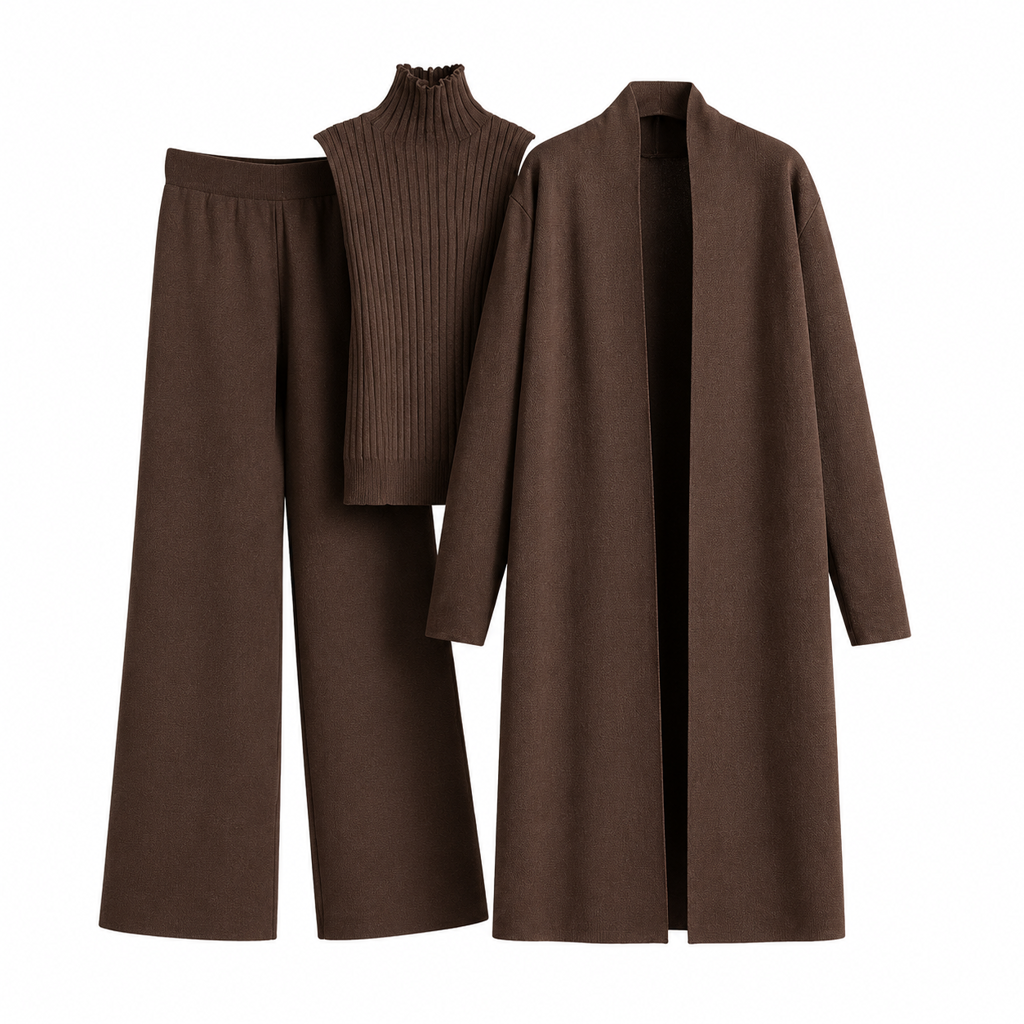 Lockeres 3-teiliges Strickset für Damen für Herbst und Winter: Weste ohne Ärmel, Strickjacke und Hosen-Outfit