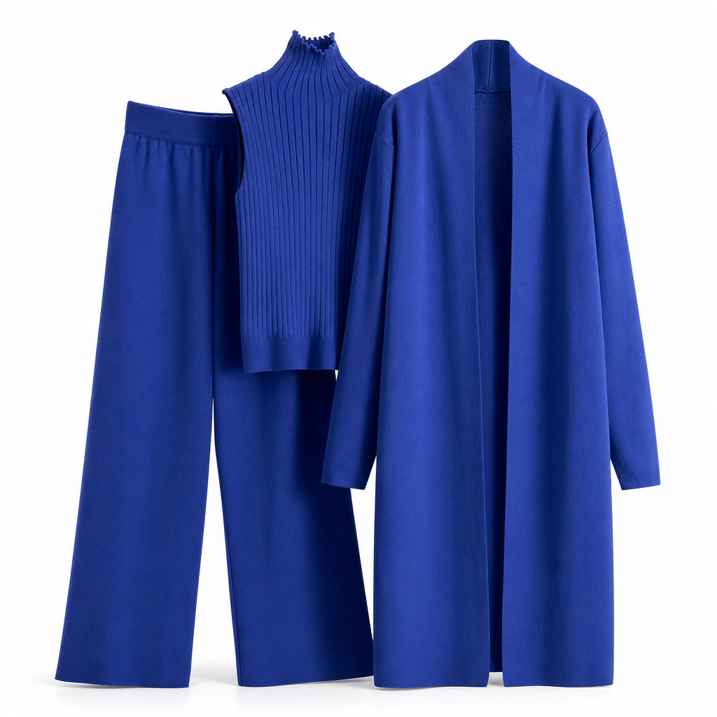 Lockeres 3-teiliges Strickset für Damen für Herbst und Winter: Weste ohne Ärmel, Strickjacke und Hosen-Outfit