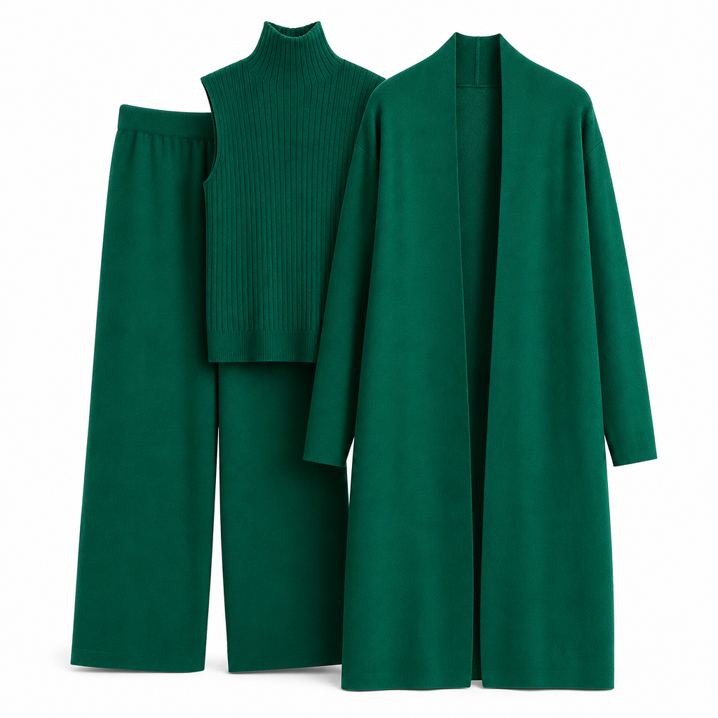 Lockeres 3-teiliges Strickset für Damen für Herbst und Winter: Weste ohne Ärmel, Strickjacke und Hosen-Outfit