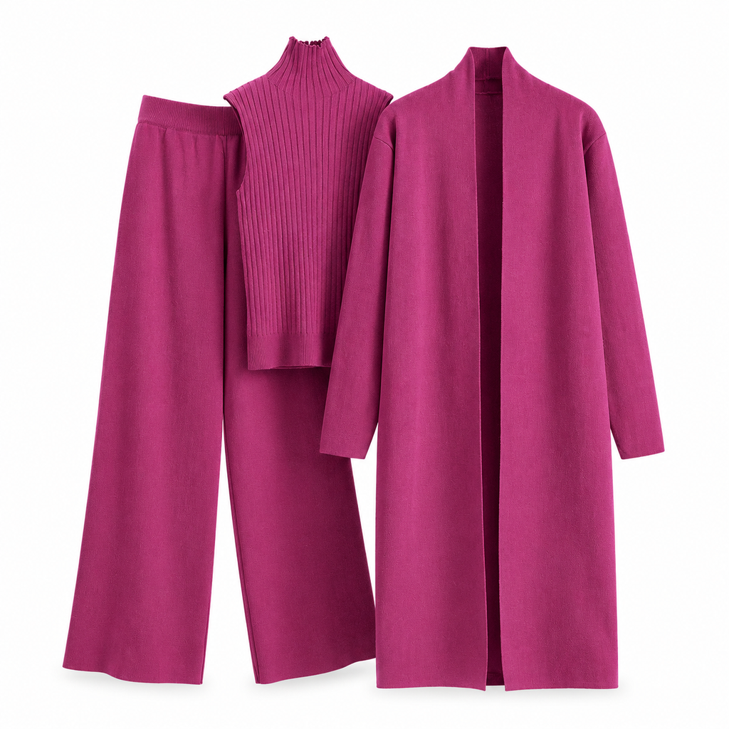 Lockeres 3-teiliges Strickset für Damen für Herbst und Winter: Weste ohne Ärmel, Strickjacke und Hosen-Outfit
