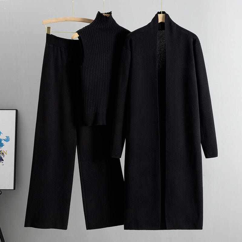 Lockeres 3-teiliges Strickset für Damen für Herbst und Winter: Weste ohne Ärmel, Strickjacke und Hosen-Outfit