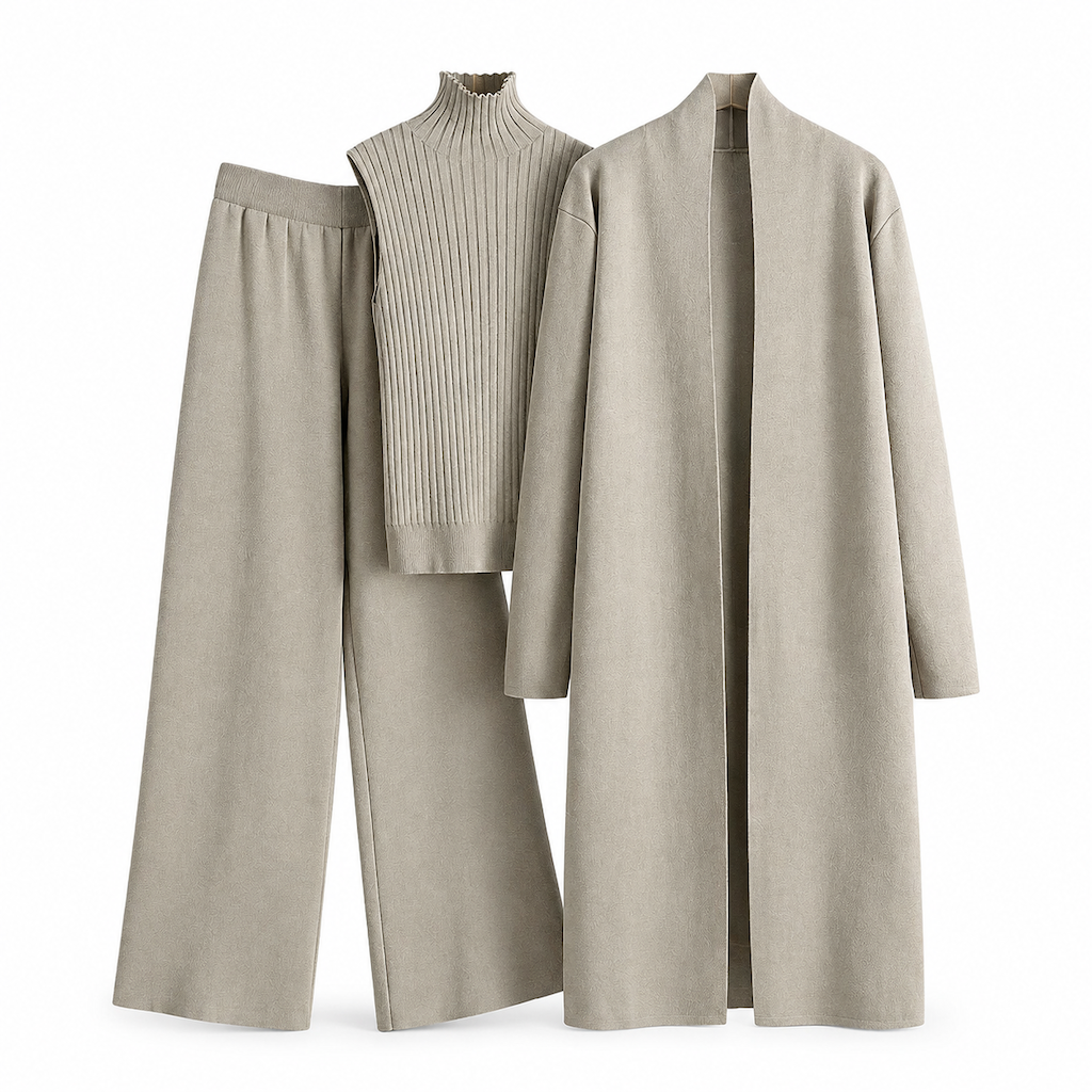 Lockeres 3-teiliges Strickset für Damen für Herbst und Winter: Weste ohne Ärmel, Strickjacke und Hosen-Outfit