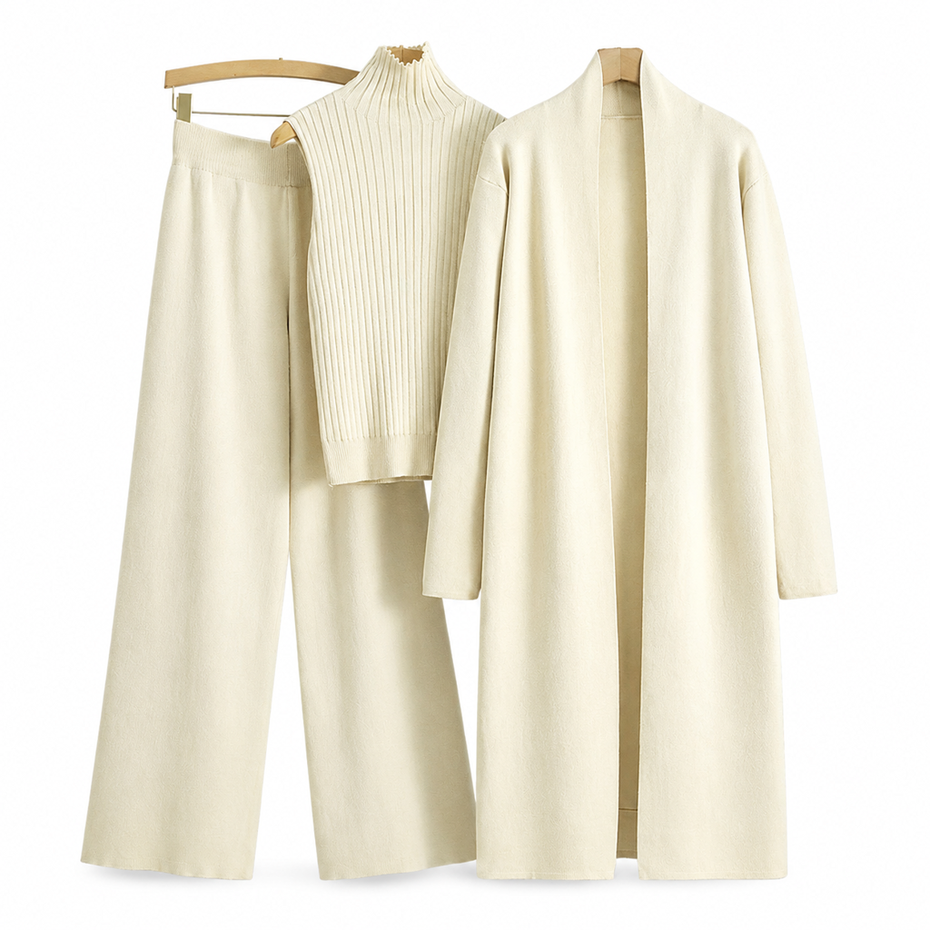 Lockeres 3-teiliges Strickset für Damen für Herbst und Winter: Weste ohne Ärmel, Strickjacke und Hosen-Outfit
