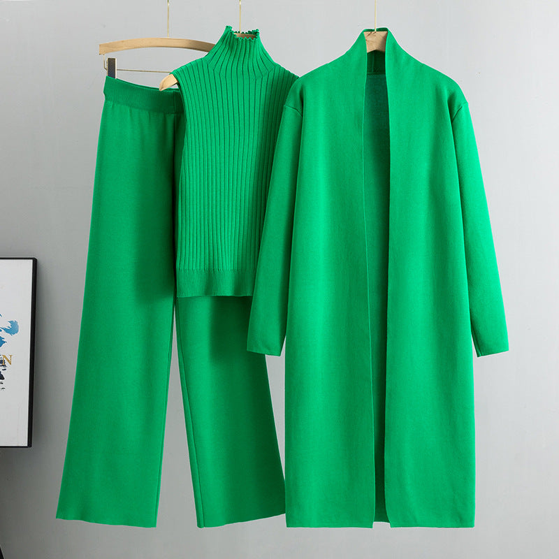 Lockeres 3-teiliges Strickset für Damen für Herbst und Winter: Weste ohne Ärmel, Strickjacke und Hosen-Outfit
