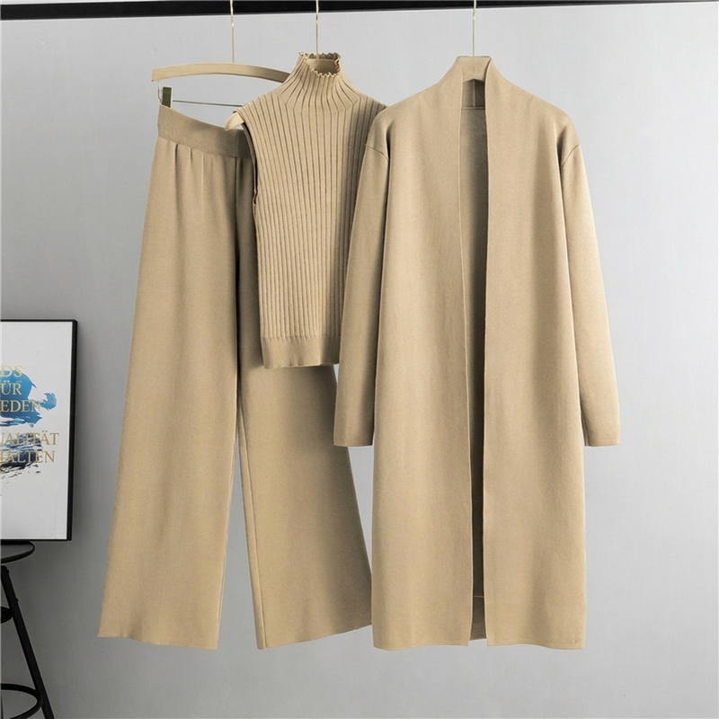 Lockeres 3-teiliges Strickset für Damen für Herbst und Winter: Weste ohne Ärmel, Strickjacke und Hosen-Outfit