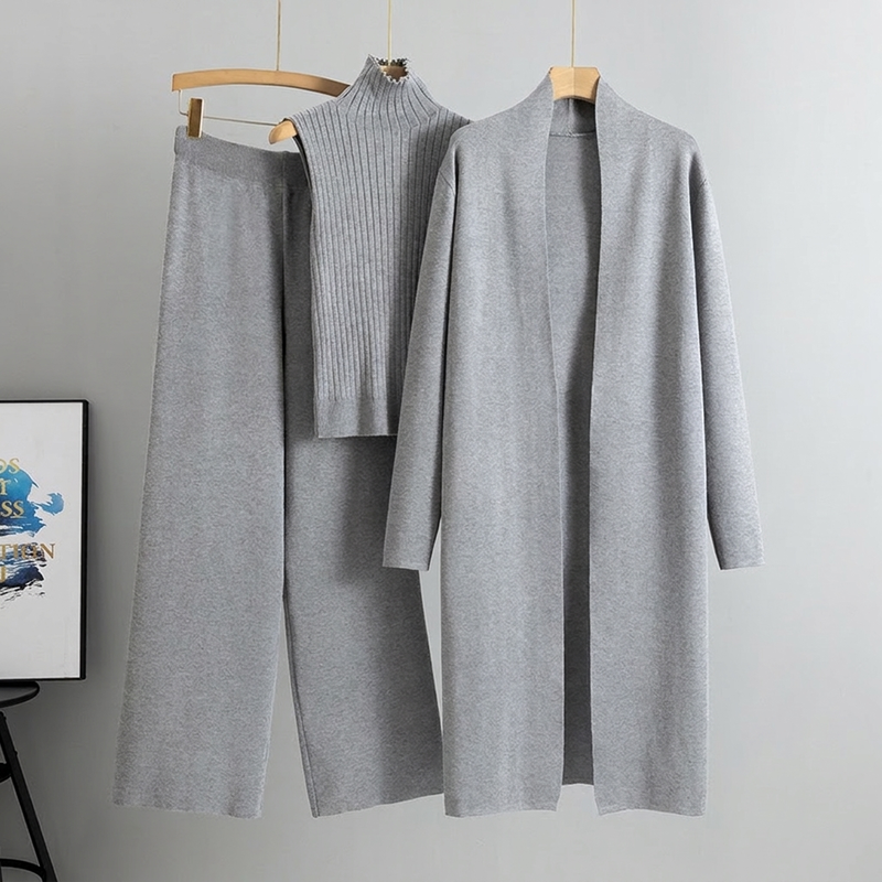 Lockeres 3-teiliges Strickset für Damen für Herbst und Winter: Weste ohne Ärmel, Strickjacke und Hosen-Outfit