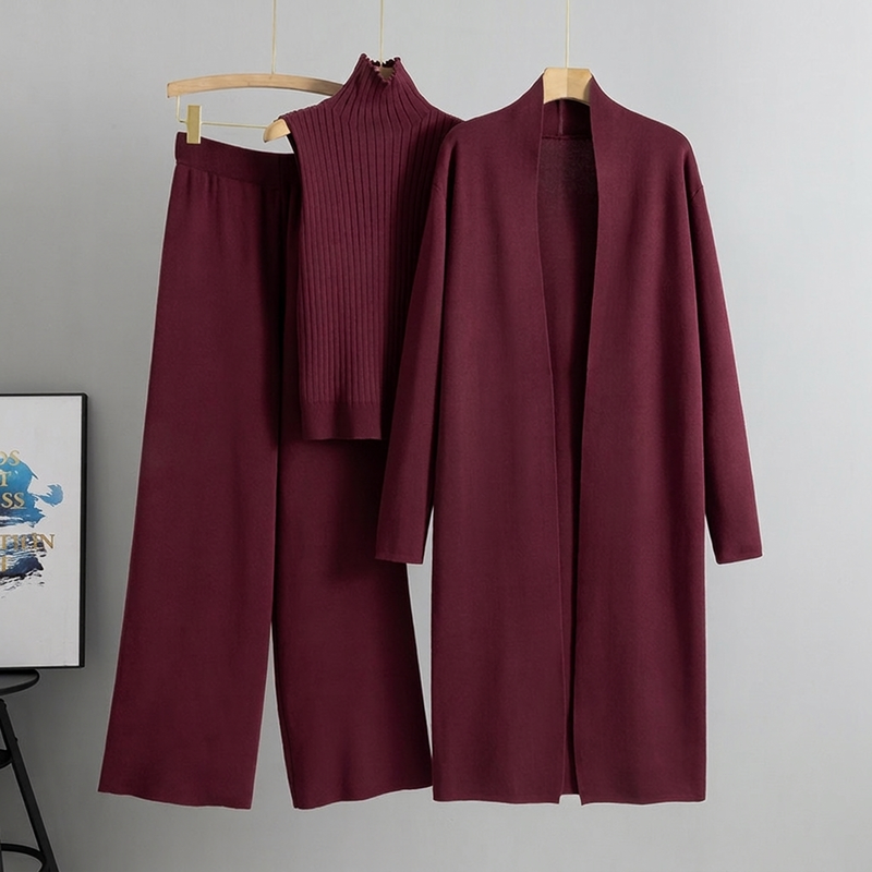 Lockeres 3-teiliges Strickset für Damen für Herbst und Winter: Weste ohne Ärmel, Strickjacke und Hosen-Outfit