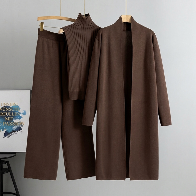 Lockeres 3-teiliges Strickset für Damen für Herbst und Winter: Weste ohne Ärmel, Strickjacke und Hosen-Outfit