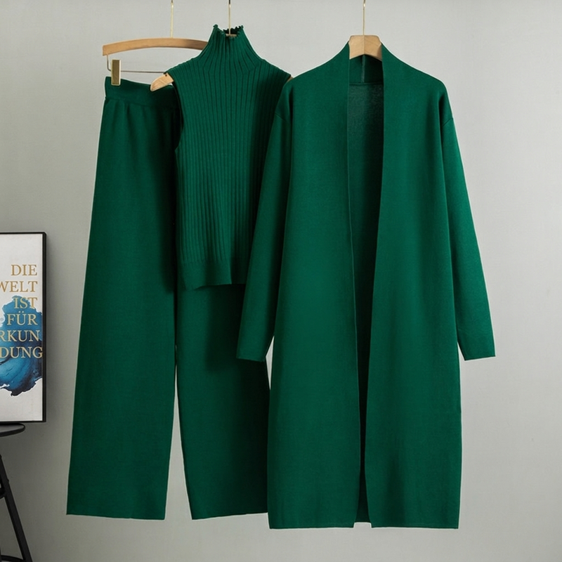 Lockeres 3-teiliges Strickset für Damen für Herbst und Winter: Weste ohne Ärmel, Strickjacke und Hosen-Outfit
