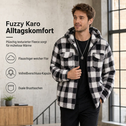 📢🎉50%Rabatt!!!🛍️✨Karierter flauschiger Kapuzen-Reißverschluss-Mantel für Herren mit zwei Brusttaschen mit Klappe
