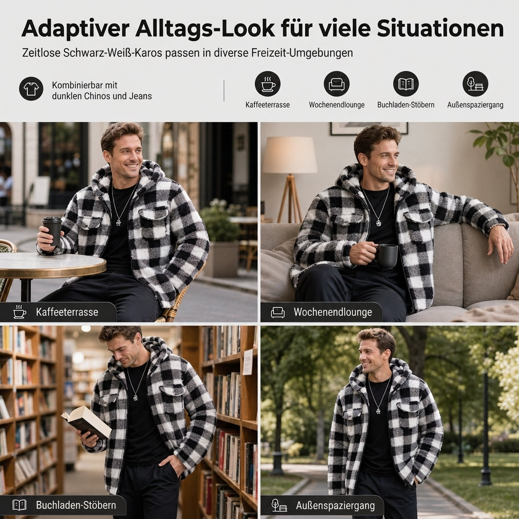 📢🎉50%Rabatt!!!🛍️✨Karierter flauschiger Kapuzen-Reißverschluss-Mantel für Herren mit zwei Brusttaschen mit Klappe