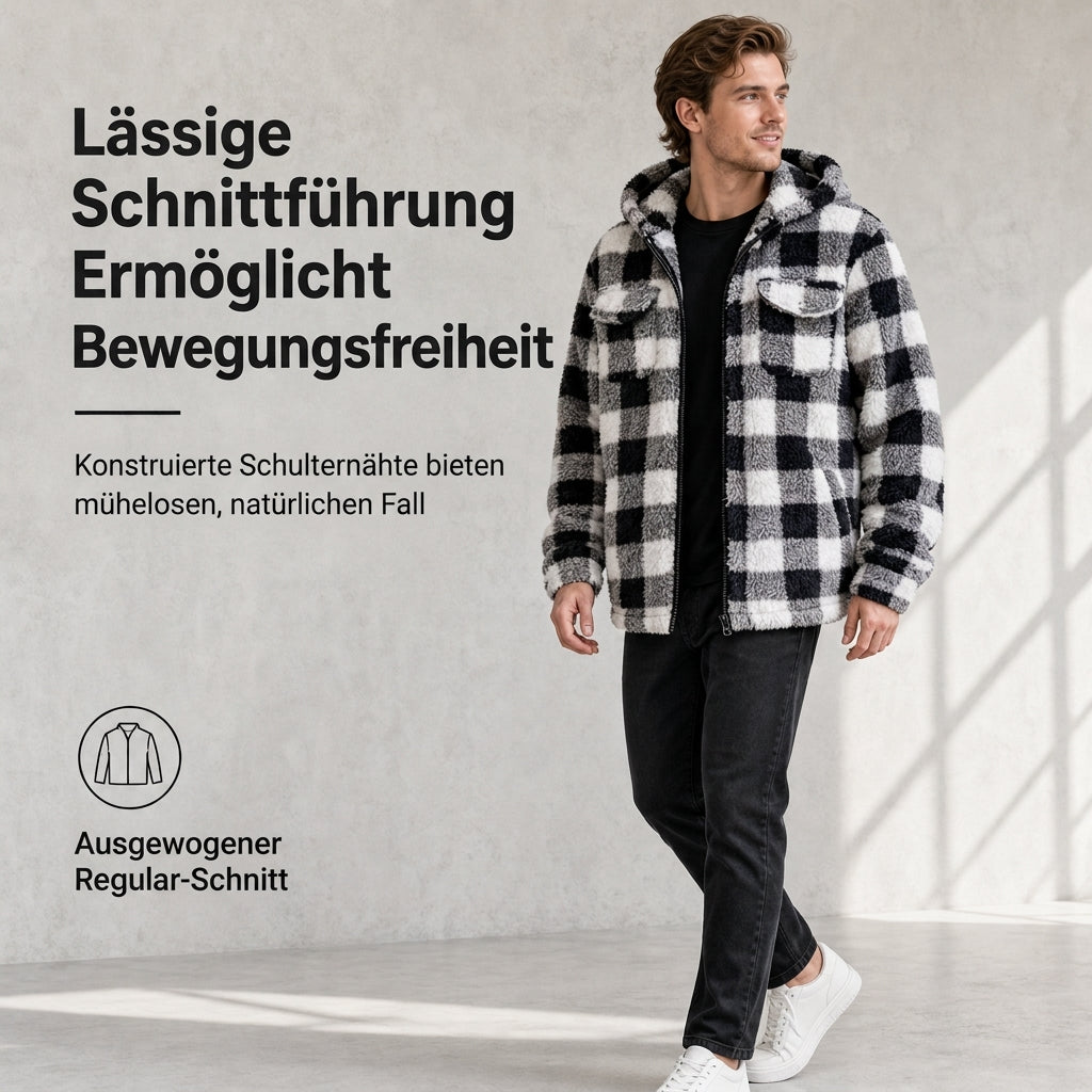 📢🎉50%Rabatt!!!🛍️✨Karierter flauschiger Kapuzen-Reißverschluss-Mantel für Herren mit zwei Brusttaschen mit Klappe