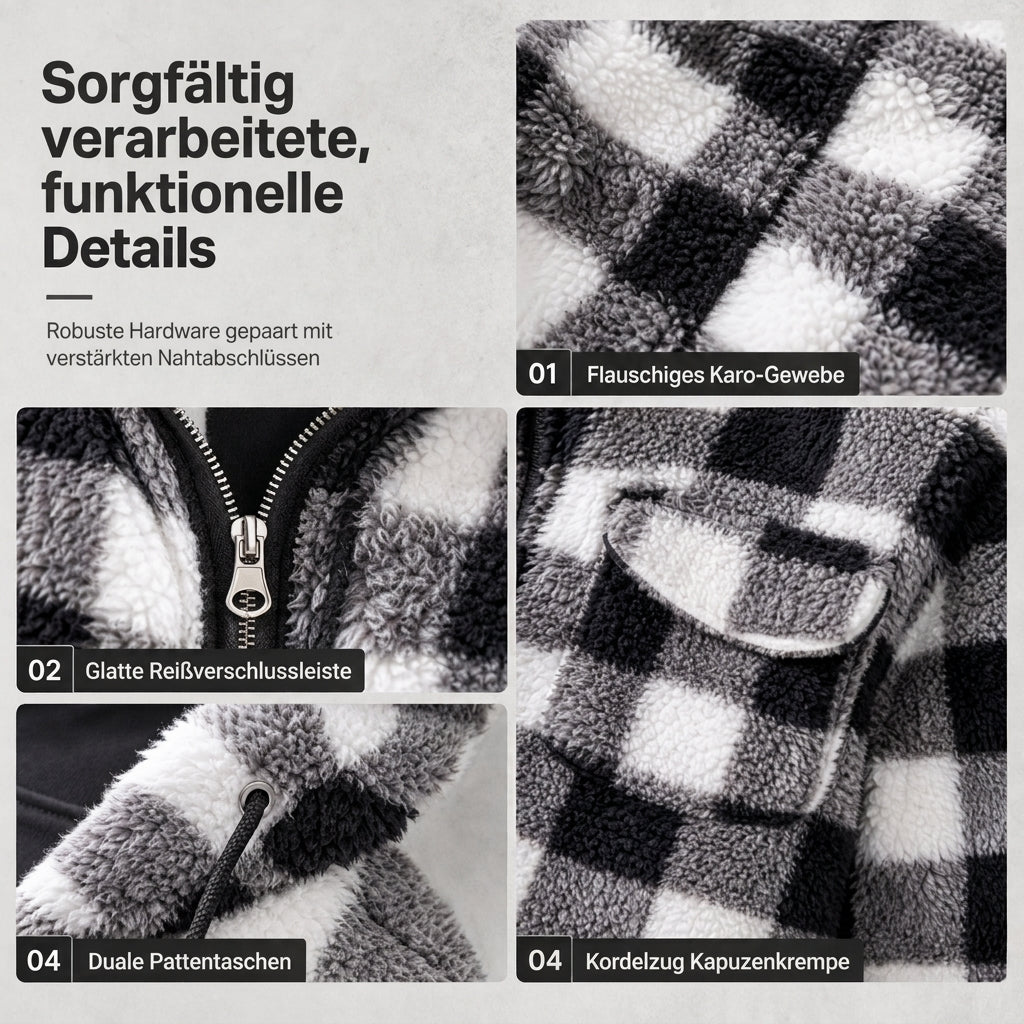 📢🎉50%Rabatt!!!🛍️✨Karierter flauschiger Kapuzen-Reißverschluss-Mantel für Herren mit zwei Brusttaschen mit Klappe