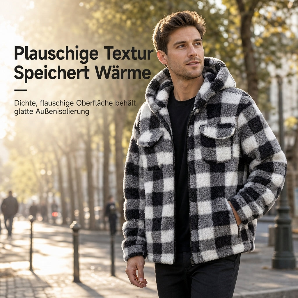 📢🎉50%Rabatt!!!🛍️✨Karierter flauschiger Kapuzen-Reißverschluss-Mantel für Herren mit zwei Brusttaschen mit Klappe