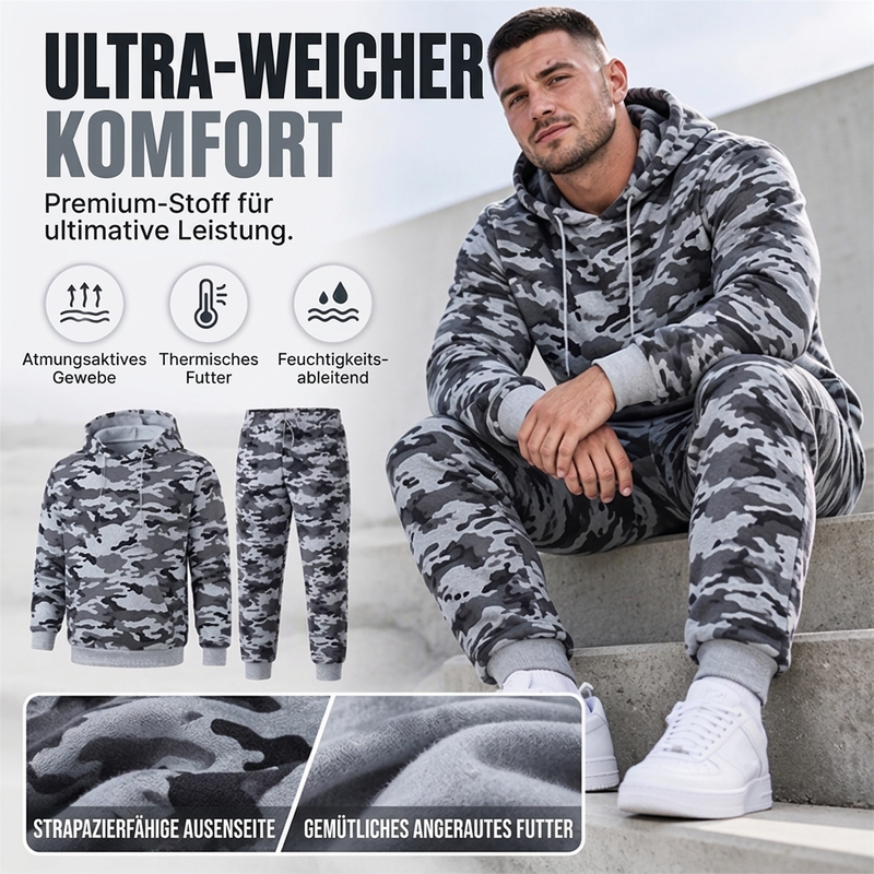 📢🎉50%Rabatt!!!🛍️✨Herren-Kapuzenpullover und Hosen-Set mit Plüschfutter, Camouflage-Muster