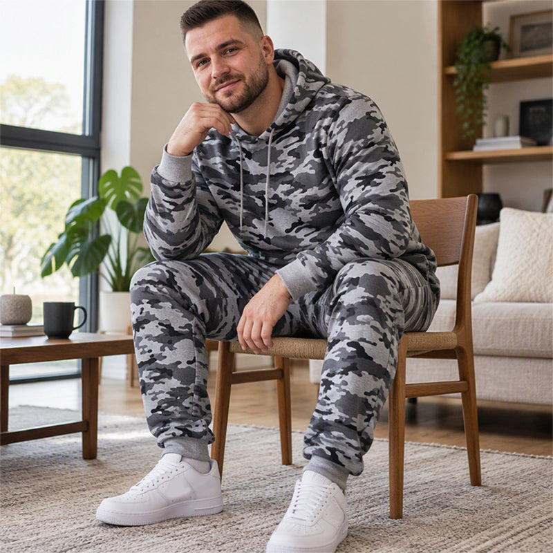 📢🎉50%Rabatt!!!🛍️✨Herren-Kapuzenpullover und Hosen-Set mit Plüschfutter, Camouflage-Muster