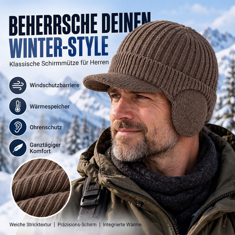 Herren Winter Strickmütze mit Schirm und Ohrenklappen