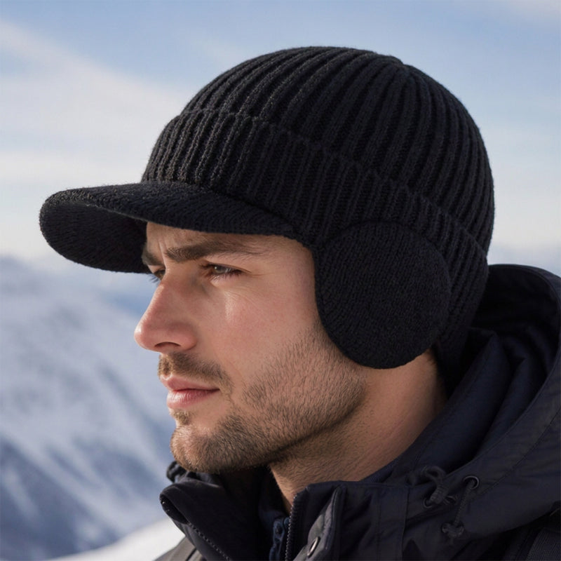 Herren Winter Strickmütze mit Schirm und Ohrenklappen