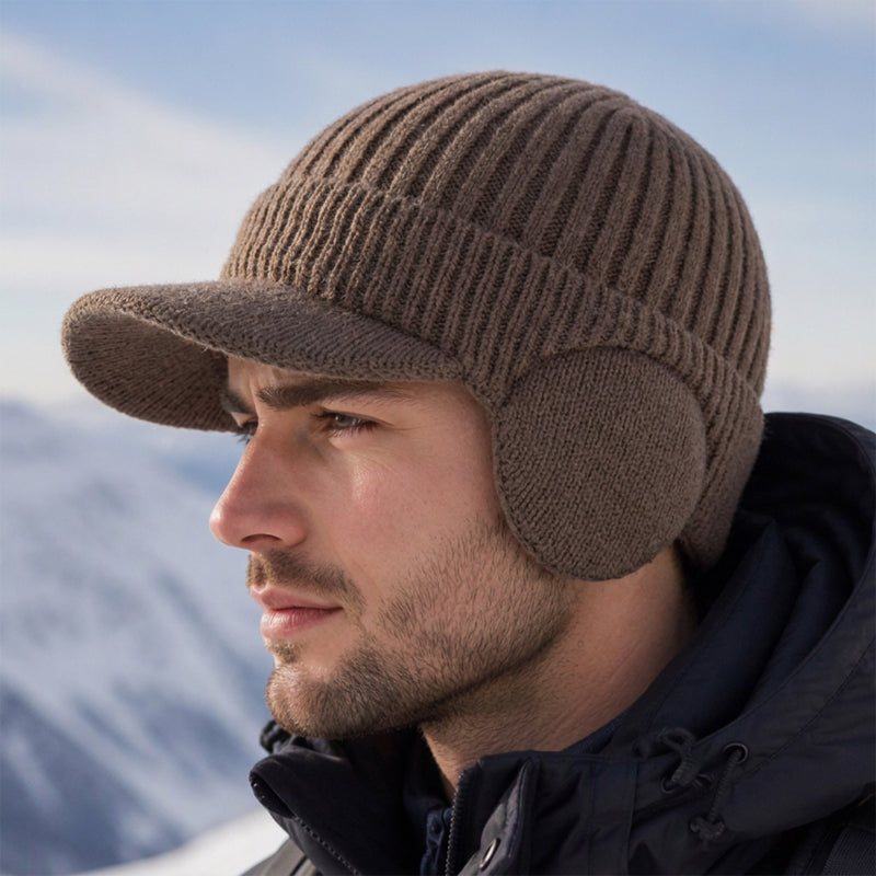 Herren Winter Strickmütze mit Schirm und Ohrenklappen